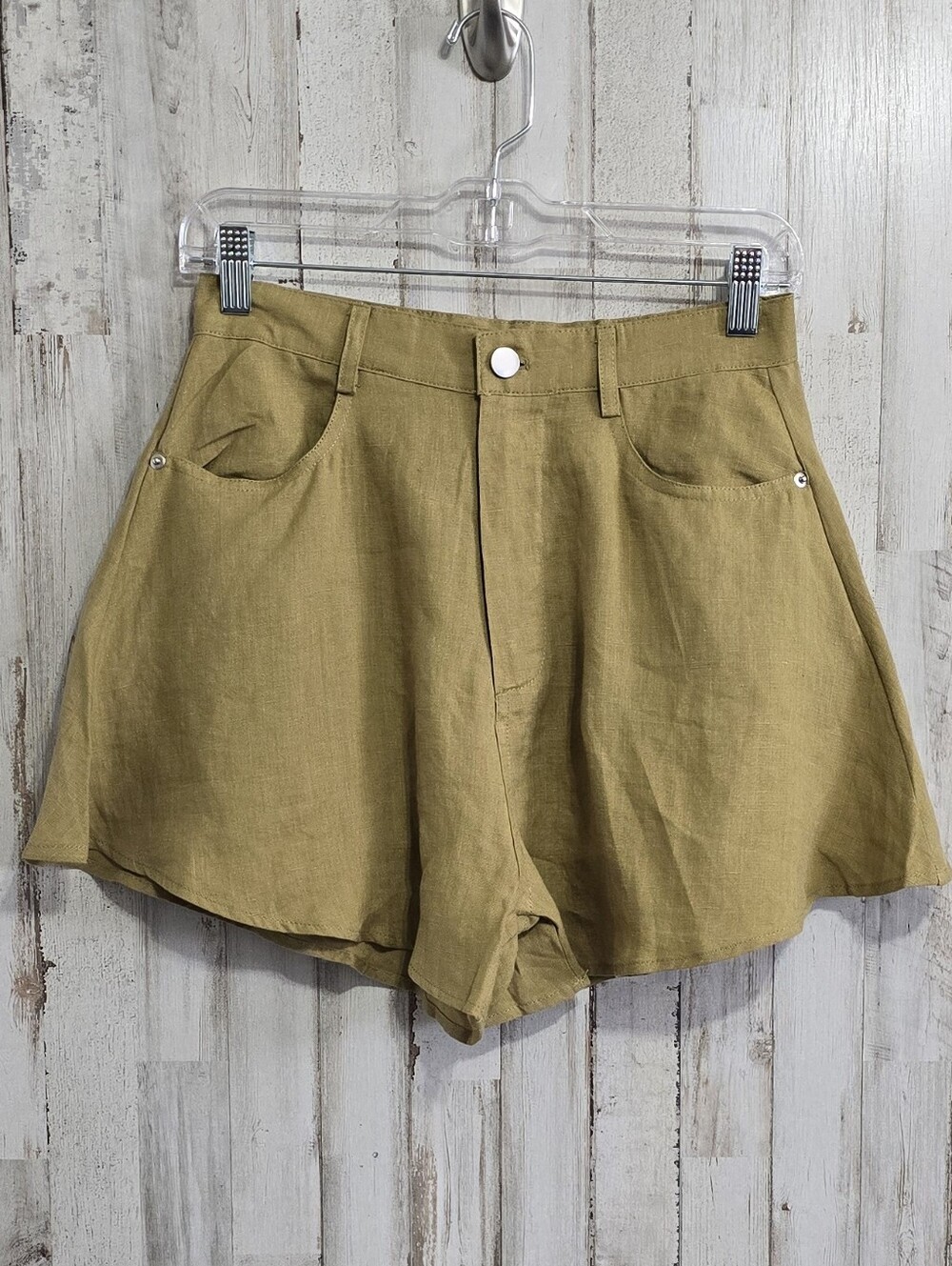 Olivaceous Olive Brown High Rise Linen Blend Flare Leg Shorts Size Medium